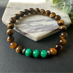 Mens Malachite Tigers eye bracelet gemstone stretch beaded bracelet unisex